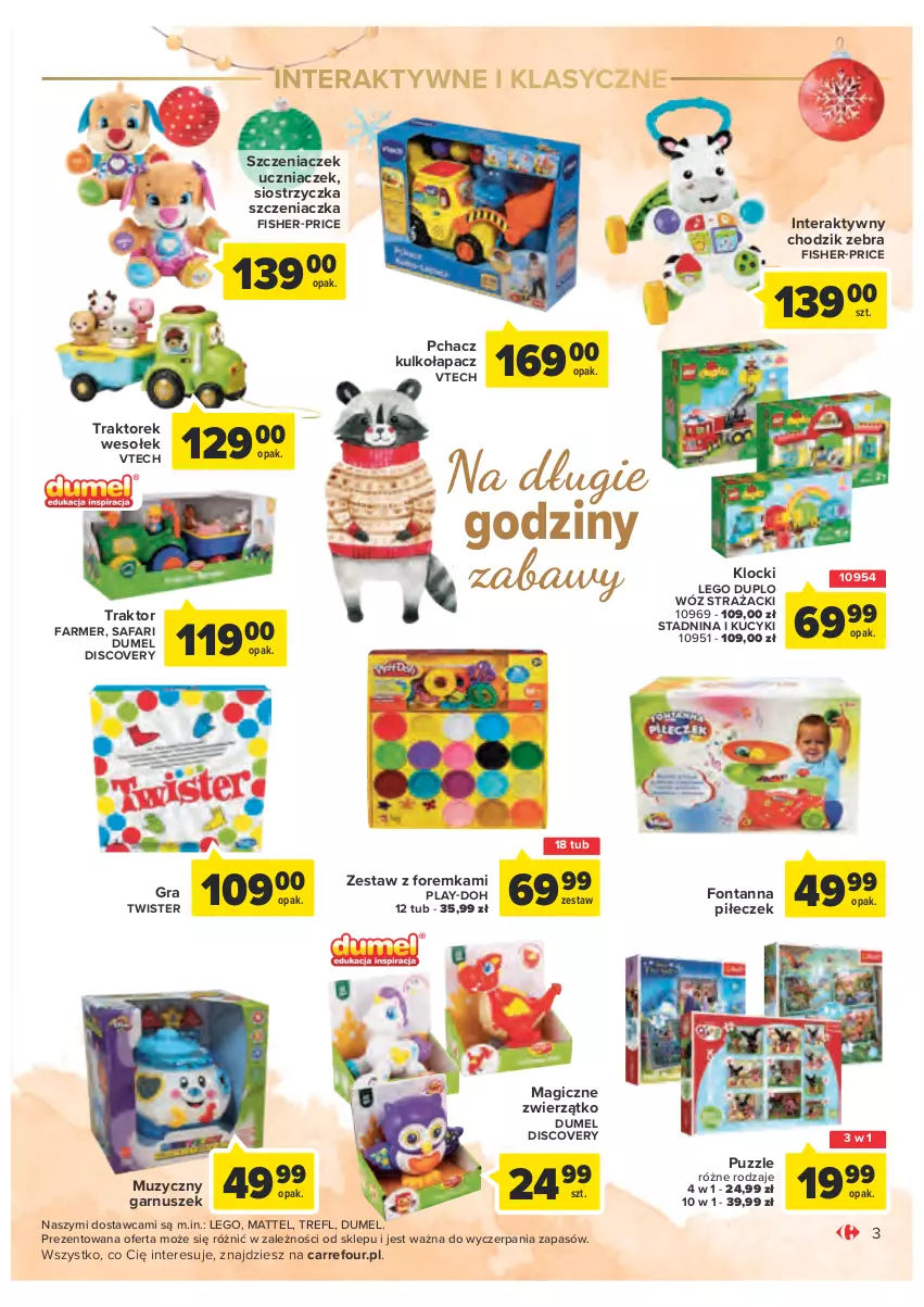 Gazetka promocyjna Carrefour - Gazetka Zabawki - ważna 02.11 do 26.11.2022 - strona 3 - produkty: Chodzik, Discover, Fa, Fisher-Price, Garnuszek, Gra, Klocki, LEGO, LEGO Duplo, Mattel, Play-Doh, Puzzle, Szczeniaczek uczniaczek, Tera, Traktor, Wóz strażacki