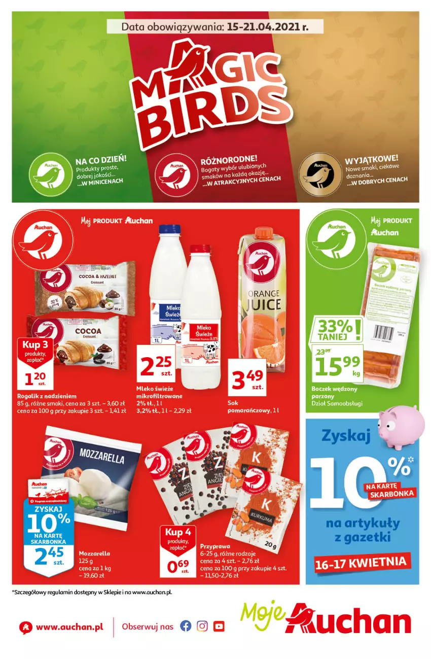 Gazetka promocyjna Auchan - Magic Birds Moje Auchan - ważna 15.04 do 21.04.2021 - strona 1 - produkty: Boczek, Rogal