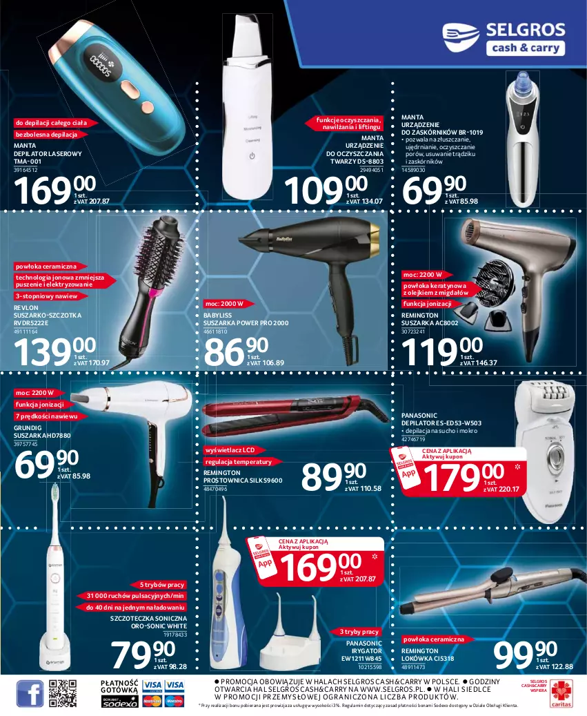 Gazetka promocyjna Selgros - Katalog Elektro - ważna 25.03 do 05.04.2021 - strona 15 - produkty: Babyliss, Depilator, Depilator laserowy, Gra, Irygator, LG, Lokówka, Manta, Olej, Panasonic, Por, Remington, Revlon, Ser, Sok, Suszarka, Szczoteczka, Szczoteczka soniczna, Szczotka, Top