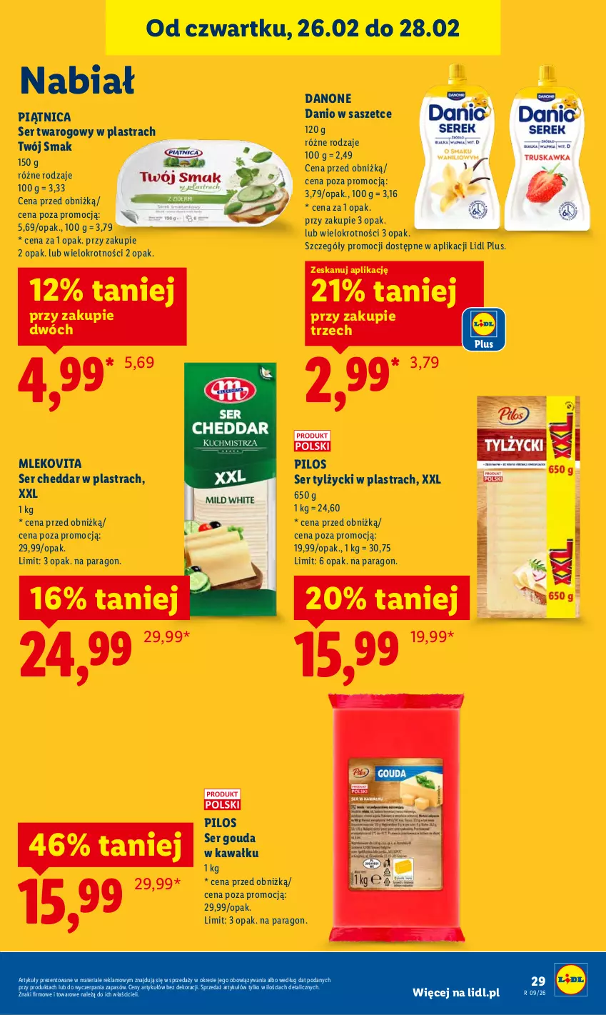 Gazetka promocyjna Lidl - Oferta ważna od 26.02 do 28.02 - ważna 26.02 do 28.02.2026 - strona 29 - produkty: Cheddar, Danio, Danone, Gouda, Kawa, Mleko, Mlekovita, Piątnica, Pilos, Ser, Ser twarogowy, Ser tylżycki, Twój Smak