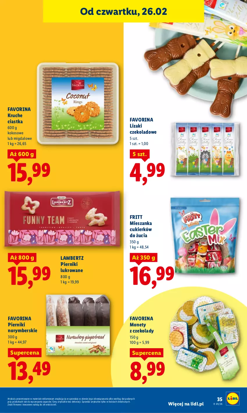 Gazetka promocyjna Lidl - Oferta ważna od 26.02 do 28.02 - ważna 26.02 do 28.02.2026 - strona 35 - produkty: Ciastka, Cukier, Fa, Kokos, Lizaki, Lizaki czekoladowe, Piernik