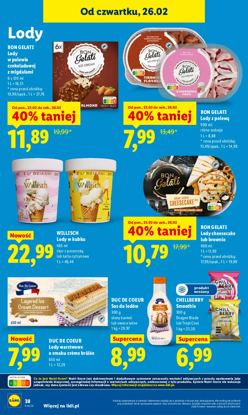 Gazetka promocyjna Lidl - Oferta ważna od 26.02 do 28.02 - ważna 26.02 do 28.02.2026 - strona 38 - produkty: Brownie, Crème brûlée, Lody, Owoce, Por, Smoothie, Sos, Tarta