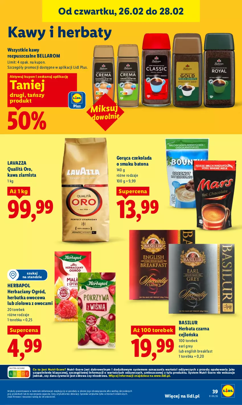 Gazetka promocyjna Lidl - Oferta ważna od 26.02 do 28.02 - ważna 26.02 do 28.02.2026 - strona 39 - produkty: Baton, Bell, Bella, Czekolada, Earl Grey, Fa, Herbapol, Herbata, Herbata czarna, Kawa, Kawa ziarnista, Lavazza, Ogród, Torebka