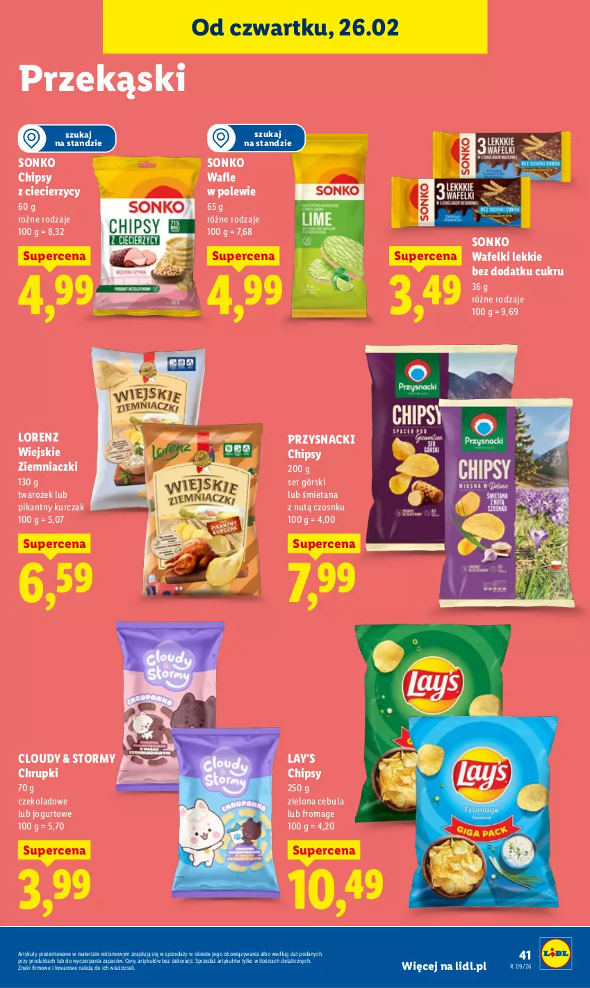 Gazetka promocyjna Lidl - Oferta ważna od 26.02 do 28.02 - ważna 26.02 do 28.02.2026 - strona 41 - produkty: Cebula, Chipsy, Chrupki, Jogurt, Kurczak, Lay’s, Lorenz, Przysnacki, Ser, Sonko, Wafle