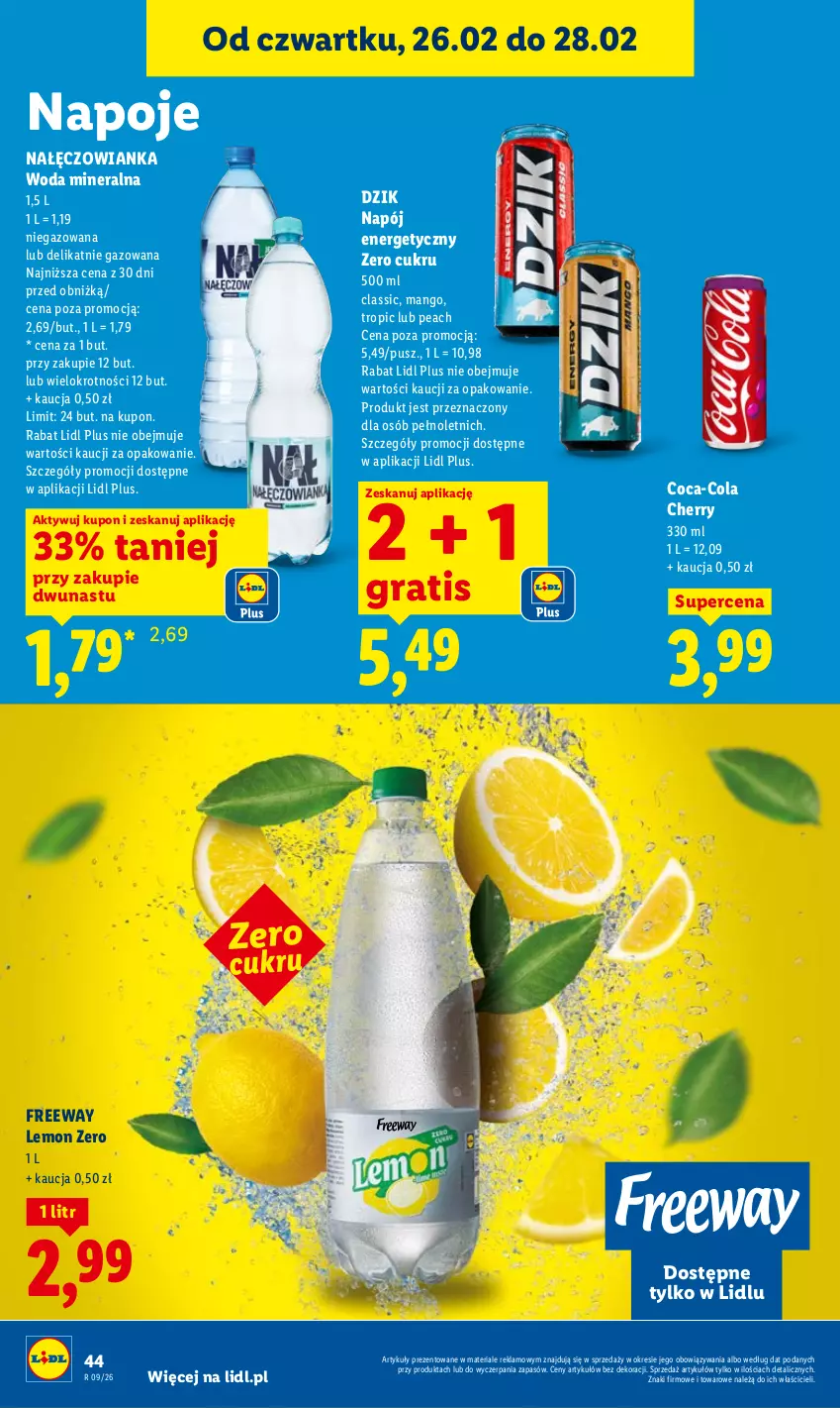 Gazetka promocyjna Lidl - Oferta ważna od 26.02 do 28.02 - ważna 26.02 do 28.02.2026 - strona 44 - produkty: Coca-Cola, Gra, Mango, Nałęczowianka, Napój, Napój energetyczny, Napoje, Woda, Woda mineralna