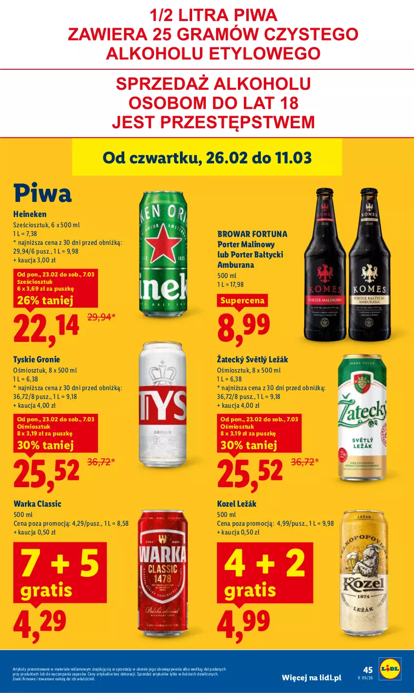 Gazetka promocyjna Lidl - Oferta ważna od 26.02 do 28.02 - ważna 26.02 do 28.02.2026 - strona 45 - produkty: Fortuna, Gra, Heineken, Kozel, Piwa, Por, Tyskie, Warka