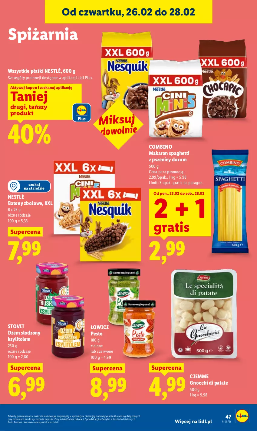 Gazetka promocyjna Lidl - Oferta ważna od 26.02 do 28.02 - ważna 26.02 do 28.02.2026 - strona 47 - produkty: Baton, Dżem, Gnocchi, Gra, Ksylitol, Makaron, Nestlé, Pesto, Rum, Spaghetti