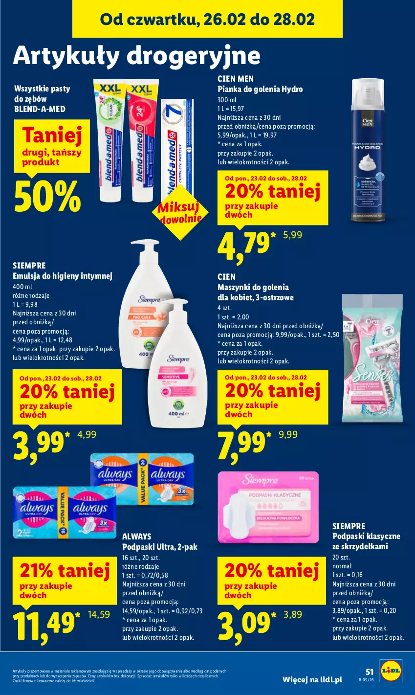 Gazetka promocyjna Lidl - Oferta ważna od 26.02 do 28.02 - ważna 26.02 do 28.02.2026 - strona 51 - produkty: Always, Blend-a-Med, Emulsja, Pianka do golenia, Podpaski