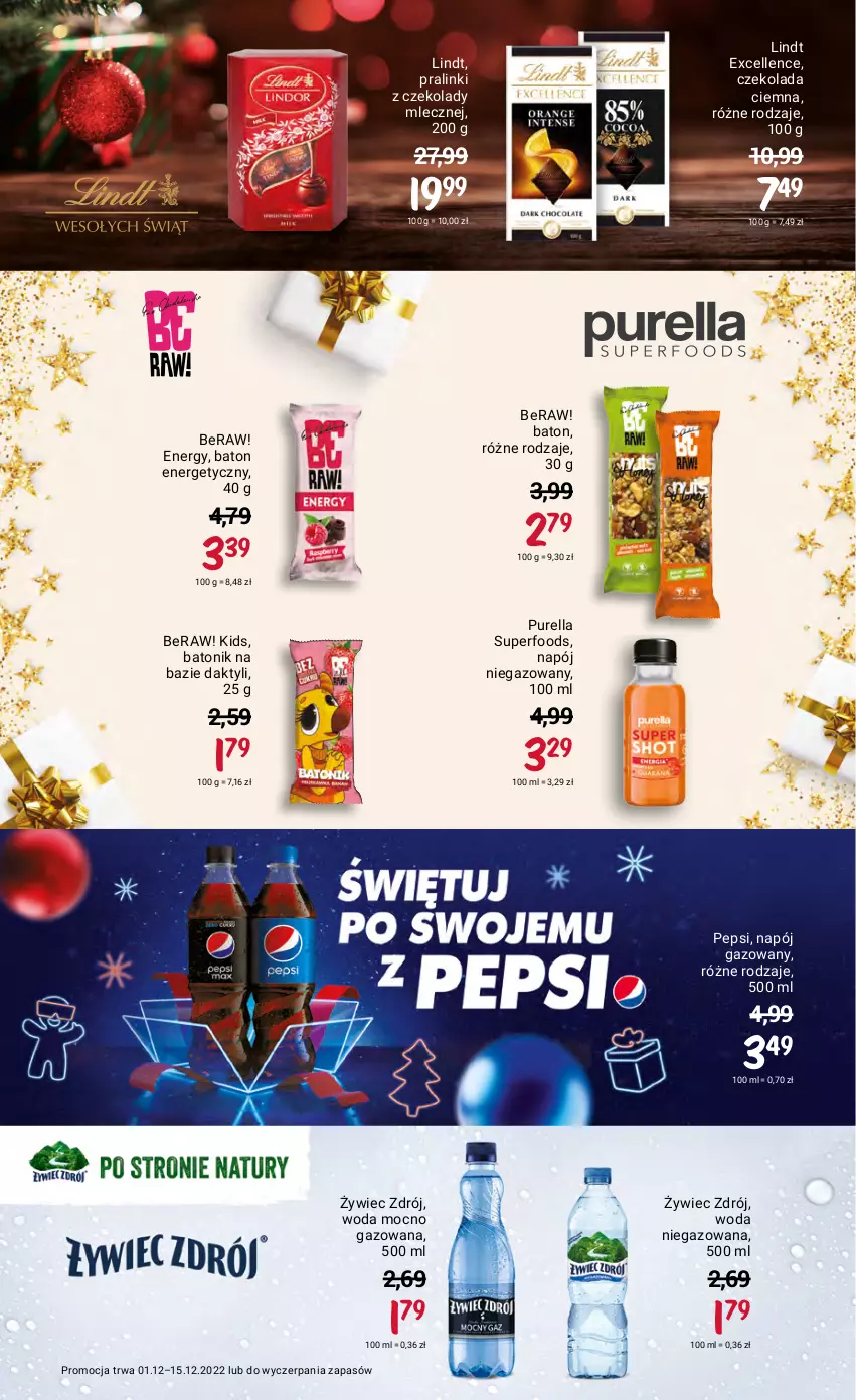 Gazetka promocyjna Rossmann - 1 grudnia - ważna 01.12 do 15.12.2022 - strona 30 - produkty: Baton, Czekolada, Lindt, Napój, Napój gazowany, Napój niegazowany, Pepsi, Pur, Purella superfoods, Tonik, Woda, Woda niegazowana