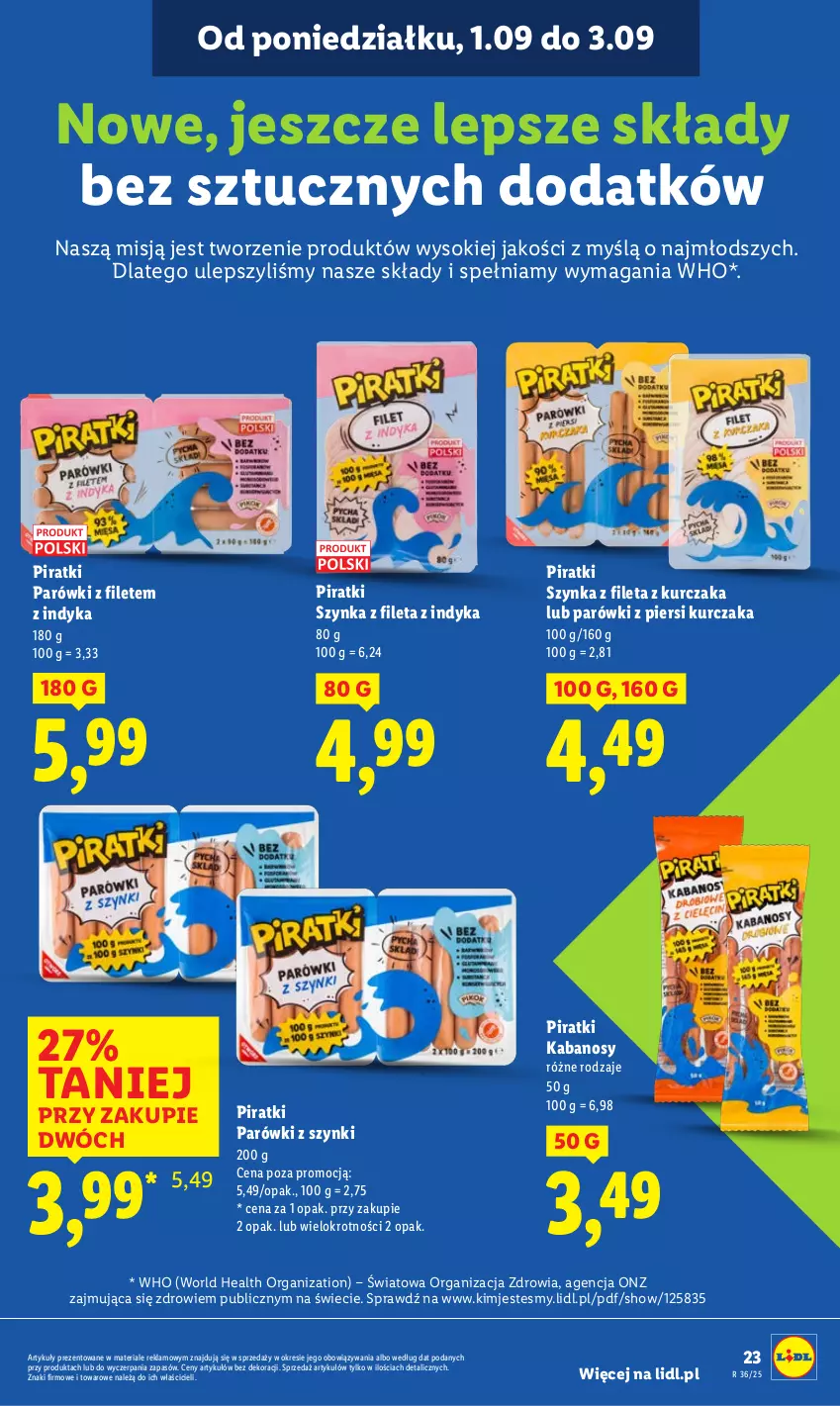 Gazetka promocyjna Lidl - GAZETKA - ważna 01.09 do 03.09.2025 - strona 27 - produkty: Kabanos, Kurczak, Parówki, Parówki z piersi kurczaka, Parówki z szynki, Sok, Szynka, Zdrowie