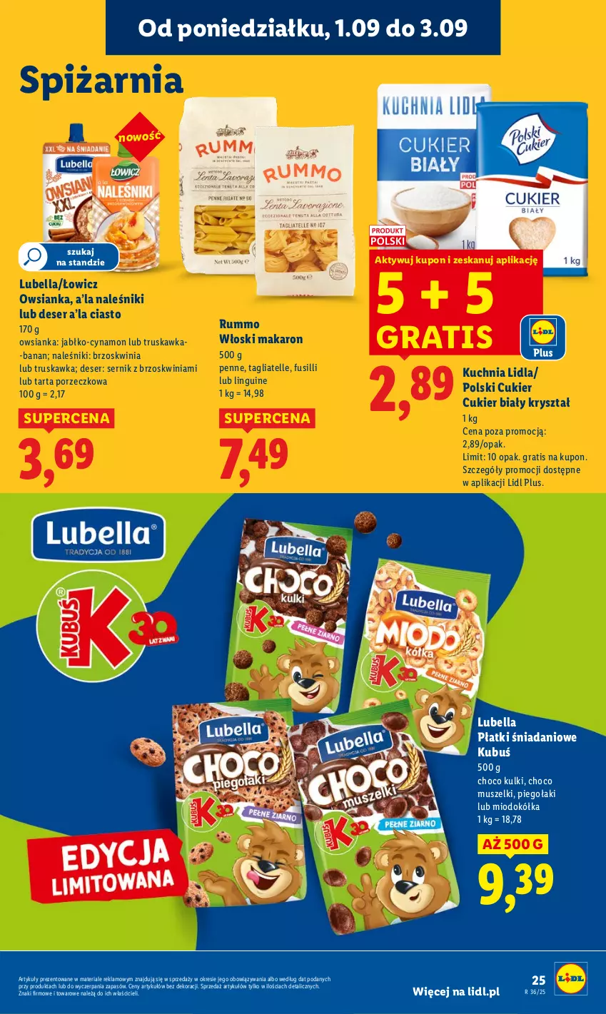 Gazetka promocyjna Lidl - GAZETKA - ważna 01.09 do 03.09.2025 - strona 29 - produkty: Bell, Bella, Cukier, Danio, Deser, Gra, Kubuś, Kuchnia, Lubella, Makaron, Mus, Naleśniki, Owsianka, Penne, Por, Rum, Ser, Tagliatelle, Tarta