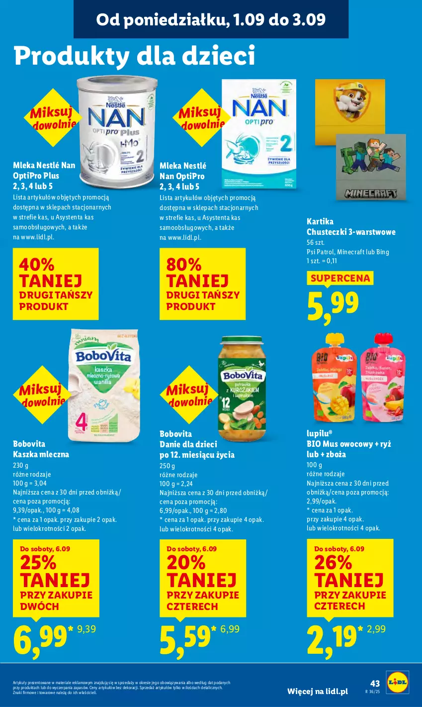 Gazetka promocyjna Lidl - GAZETKA - ważna 01.09 do 03.09.2025 - strona 51 - produkty: BoboVita, Chusteczki, Danie dla dzieci, Dzieci, Minecraft, Mus, NAN Optipro, Nestlé, Psi Patrol, Ryż