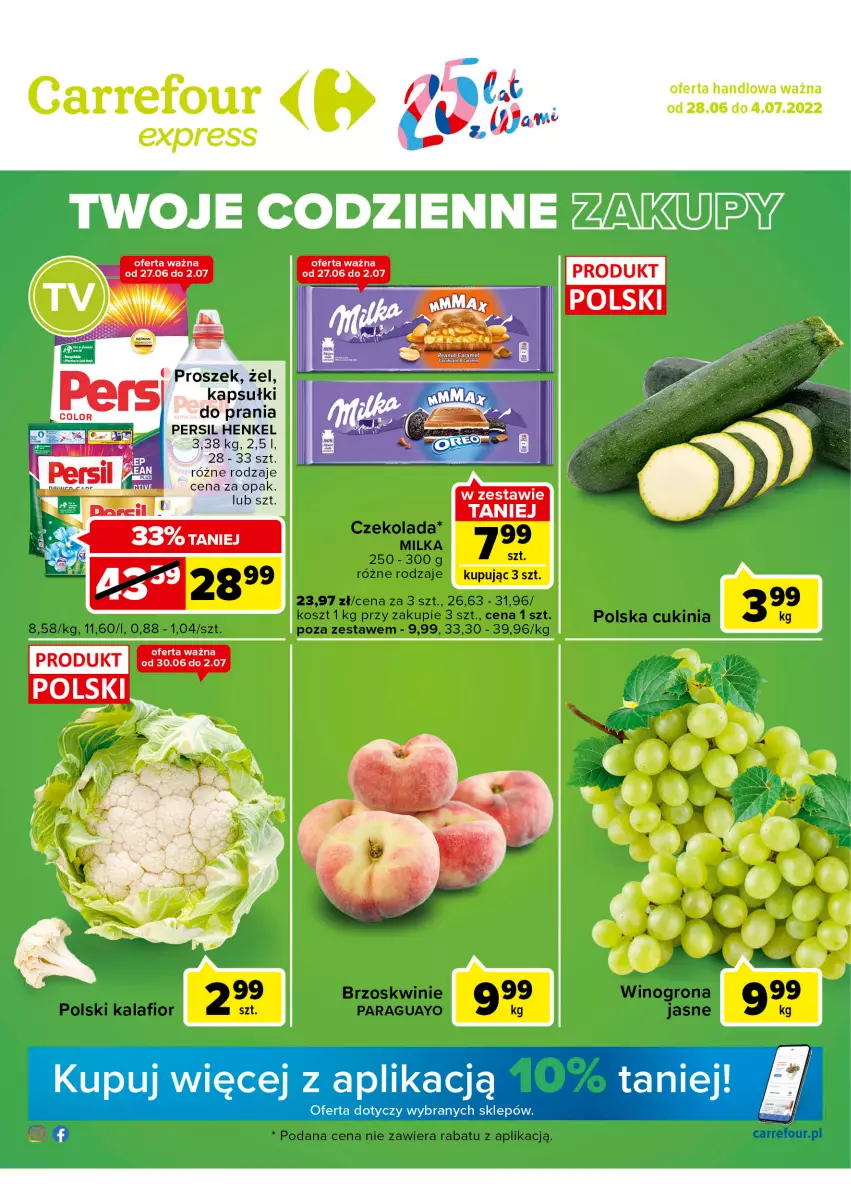 Gazetka promocyjna Carrefour - Gazetka Express - ważna 28.06 do 04.07.2022 - strona 1 - produkty: Brzoskwinie, Czekolada, Kalafior, Kapsułki do prania, Kosz, Milka, Persil, Wino, Winogrona
