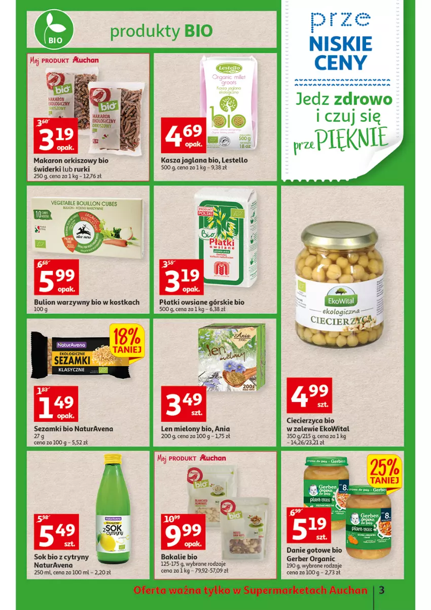 Gazetka promocyjna Auchan - przeNISKIE CENY Jedz zdrowo i czuj się pięknie Supermarkety - ważna 10.03 do 16.03.2022 - strona 3 - produkty: Bulion, Cytryny, Danie gotowe, Gerber, Kasza, Kasza jaglana, LANA, Lion, Makaron, Płatki owsiane, Rurki, Sezam, Sok, Vegeta