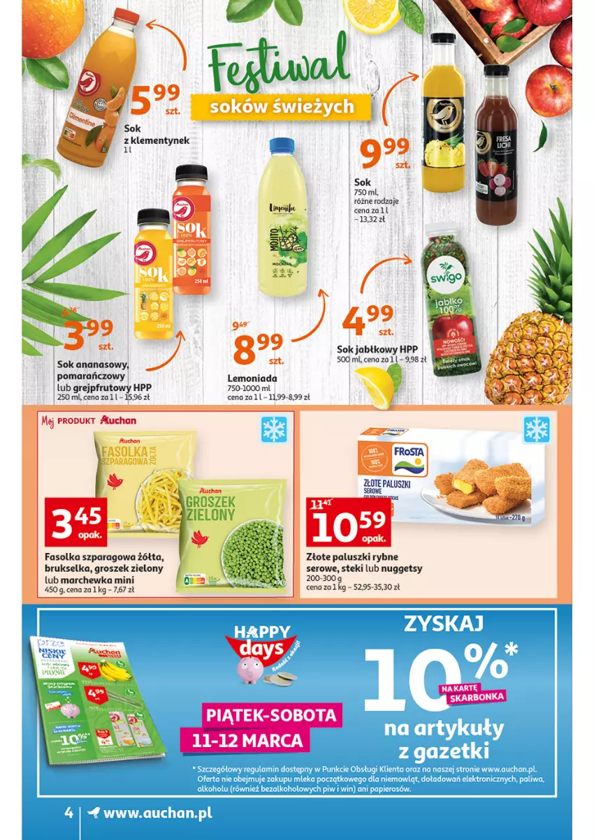 Gazetka promocyjna Auchan - przeNISKIE CENY Jedz zdrowo i czuj się pięknie Supermarkety - ważna 10.03 do 16.03.2022 - strona 4 - produkty: Ananas, Brukselka, Fa, Grejpfrut, Groszek, HP, Lemoniada, Marchewka, Paluszki rybne, Ser, Sok, Sok jabłkowy, Stek