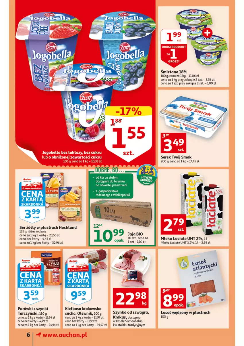 Gazetka promocyjna Auchan - przeNISKIE CENY Jedz zdrowo i czuj się pięknie Supermarkety - ważna 10.03 do 16.03.2022 - strona 6 - produkty: Bell, Bella, Gra, Hochland, Jogobella, Kiełbasa, Kiełbasa krakowska, Krakus, Mleko, Olewnik, Parówki, Parówki z szynki, Ser, Serek, Szynka, Tarczyński, Twój Smak