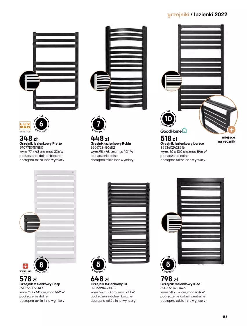 Gazetka promocyjna Castorama - Katalog Łazienki 2022 - ważna 01.06 do 31.12.2022 - strona 183 - produkty: Grzejnik, Grzejnik łazienkowy, Ręcznik, Rubin