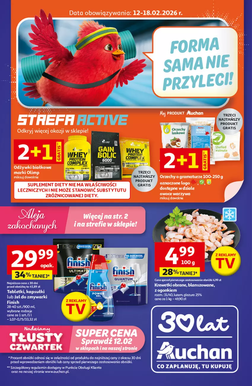Gazetka promocyjna Auchan - Gazetka 30 Lat Supermarket Auchan - ważna 12.02 do 18.02.2026 - strona 1 - produkty: Fa, Finish, Glazura, Gra, Krewetki, Lazur, Suplement diety, Tablet, Wella, Znicz