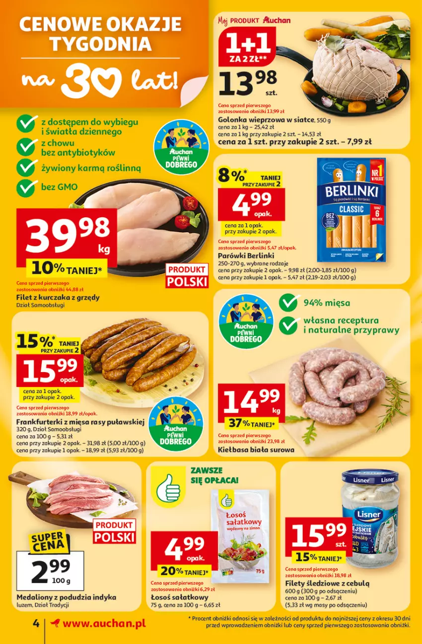 Gazetka promocyjna Auchan - Gazetka 30 Lat Supermarket Auchan - ważna 12.02 do 18.02.2026 - strona 4 - produkty: Berlinki, Frankfurterki, Golonka wieprzowa, Kiełbasa, Kiełbasa biała, Kurczak, Lion, Parówki, Przyprawy, Sałat