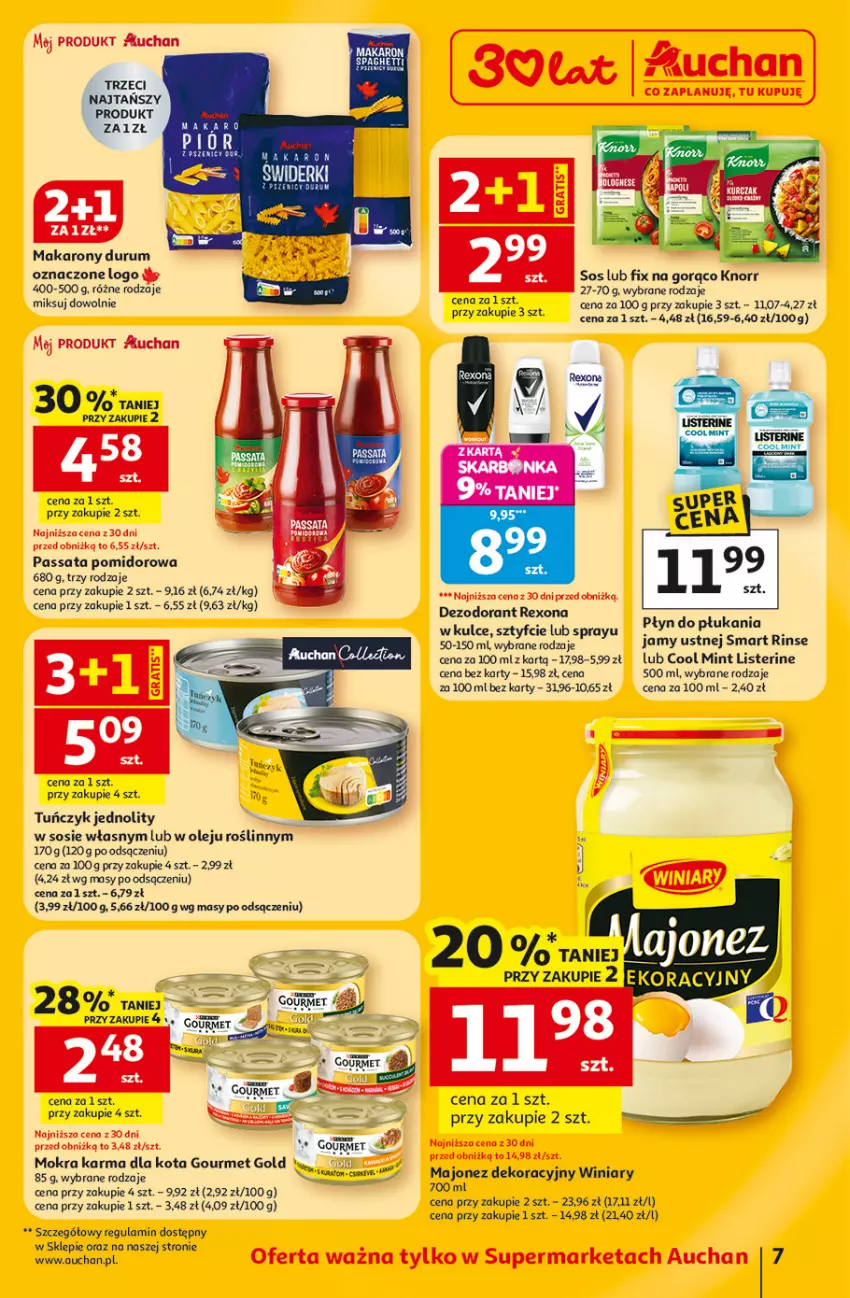 Gazetka promocyjna Auchan - Gazetka 30 Lat Supermarket Auchan - ważna 12.02 do 18.02.2026 - strona 7 - produkty: Dezodorant, Gourmet Gold, Knorr, Listerine, Makaron, Mokra karma, Olej, Rexona, Rum, Sos, Spaghetti, Tuńczyk, Winiary