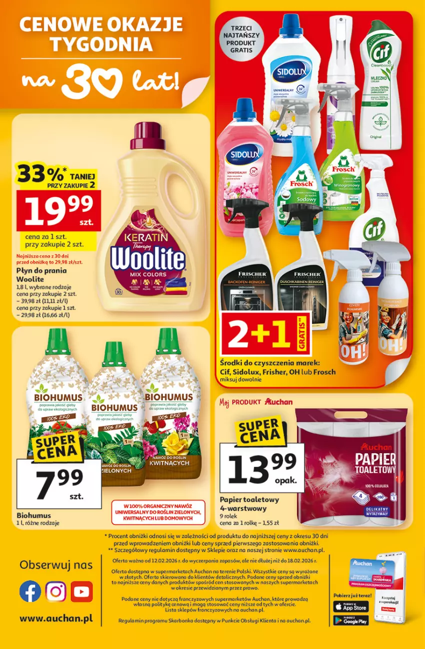 Gazetka promocyjna Auchan - Gazetka 30 Lat Supermarket Auchan - ważna 12.02 do 18.02.2026 - strona 8 - produkty: Biohumus, Cif, Frosch, Gra, Mus, Papier, Papier toaletowy, Płyn do prania, Rama, Ser, Sidolux, Woolite