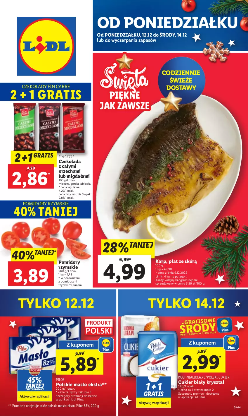 Gazetka promocyjna Lidl - GAZETKA - ważna 12.12 do 14.12.2022 - strona 1 - produkty: Cukier, Czekolada, Gra, Karp, Kuchnia, Masło, Olej, Pilos, Pomidory, Por