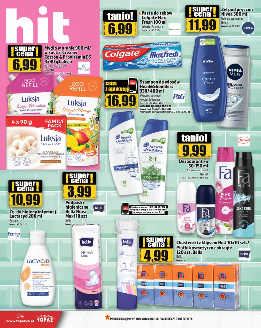 Gazetka promocyjna Topaz - Gazetka - ważna 18.07 do 24.07.2024 - strona 24 - produkty: Bell, Bella, Chusteczki, Colgate, Dezodorant, Fa, Lactacyd, LG, Mango, Mleczko, Mydło, Mydło w płynie, Palmolive, Płatki kosmetyczne, Podpaski, Top