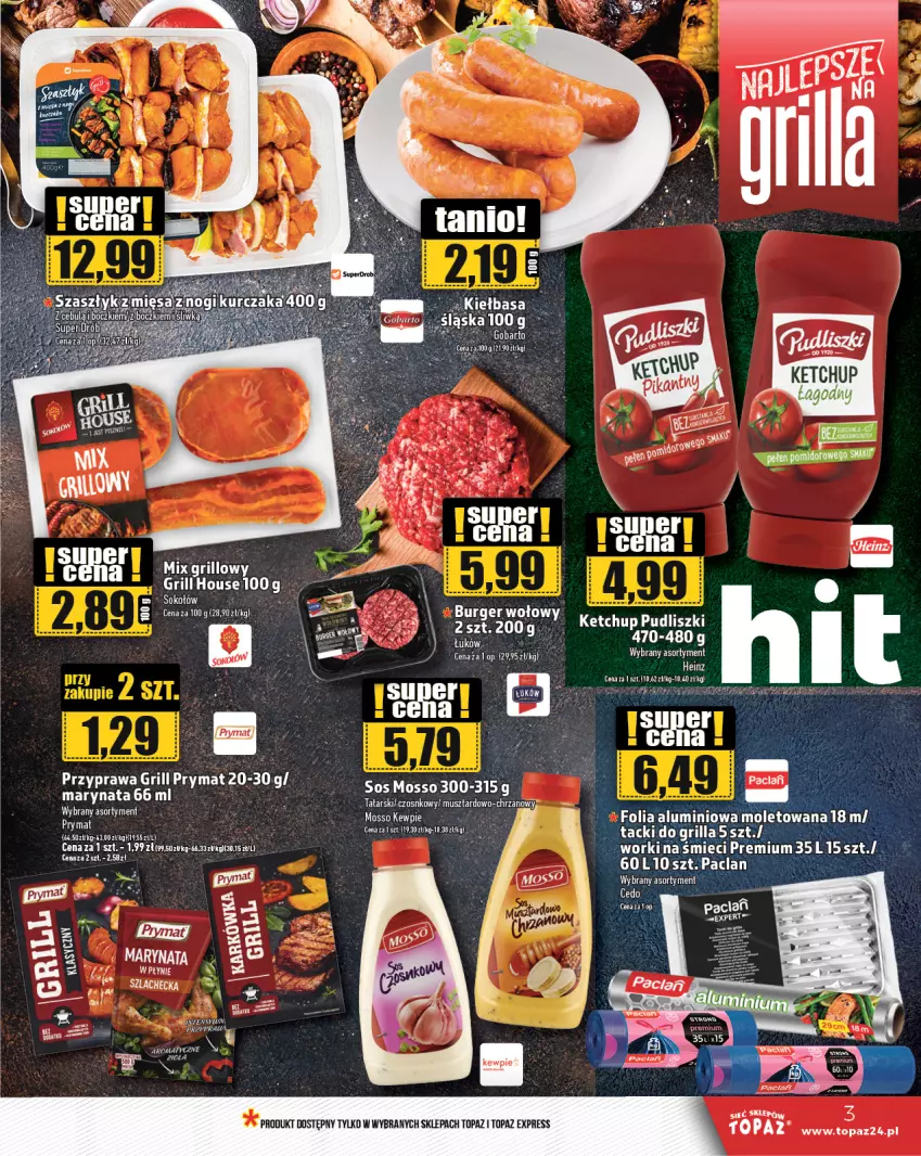 Gazetka promocyjna Topaz - Gazetka - ważna 18.07 do 24.07.2024 - strona 3 - produkty: Burger, Folia aluminiowa, Grill, Ketchup, Mus, Prymat, Pudliszki, Sos, Top