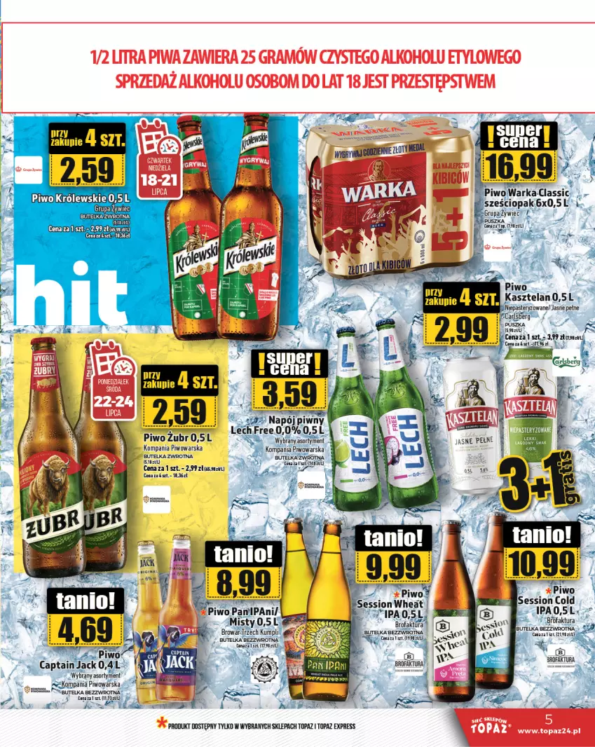 Gazetka promocyjna Topaz - Gazetka - ważna 18.07 do 24.07.2024 - strona 5 - produkty: Fa, Gin, Kasztelan, Królewski, Piwo, Top