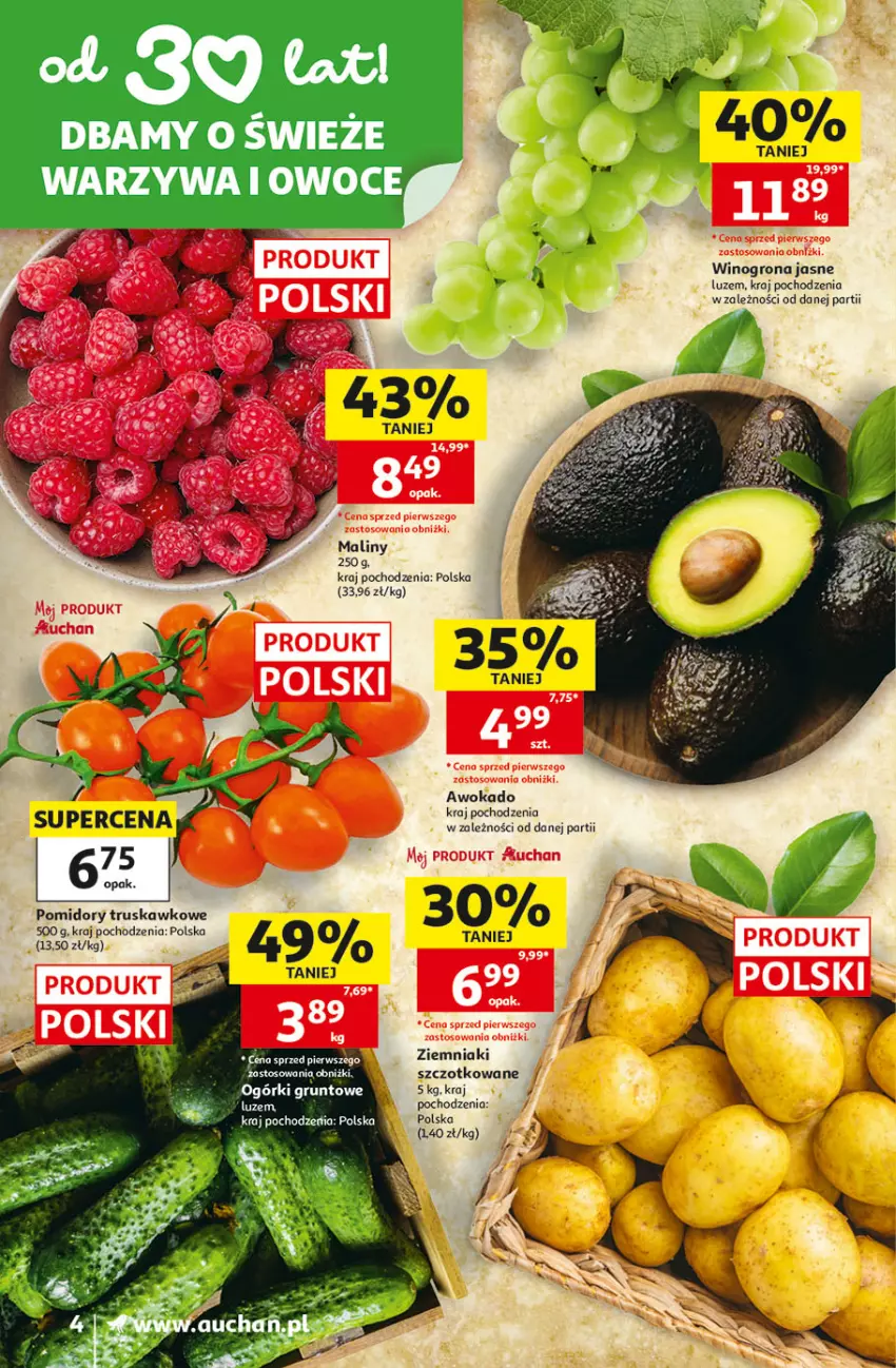 Gazetka promocyjna Auchan - Gazetka 30 Lat Supermarket Auchan - ważna 02.07 do 08.07.2026 - strona 4 - produkty: Grunt, Maliny, Owoce, Warzywa, Warzywa i owoce, Wino, Winogrona, Ziemniaki