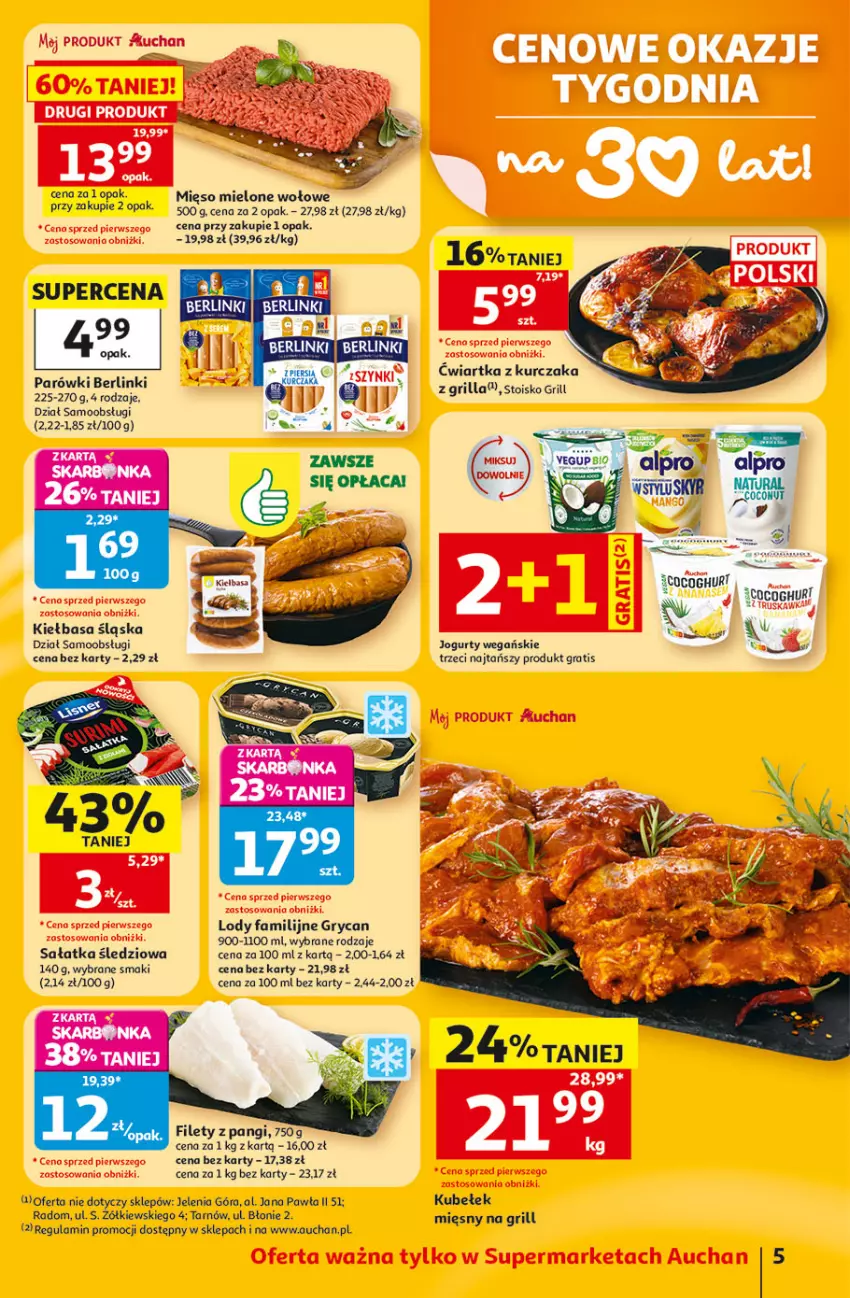 Gazetka promocyjna Auchan - Gazetka 30 Lat Supermarket Auchan - ważna 02.07 do 08.07.2026 - strona 5 - produkty: Berlinki, Fa, Gra, Grill, Gry, Jogurt, Kiełbasa, Kiełbasa śląska, Kurczak, Lody, Mięso, Mięso mielone, Parówki, Sałat, Sałatka