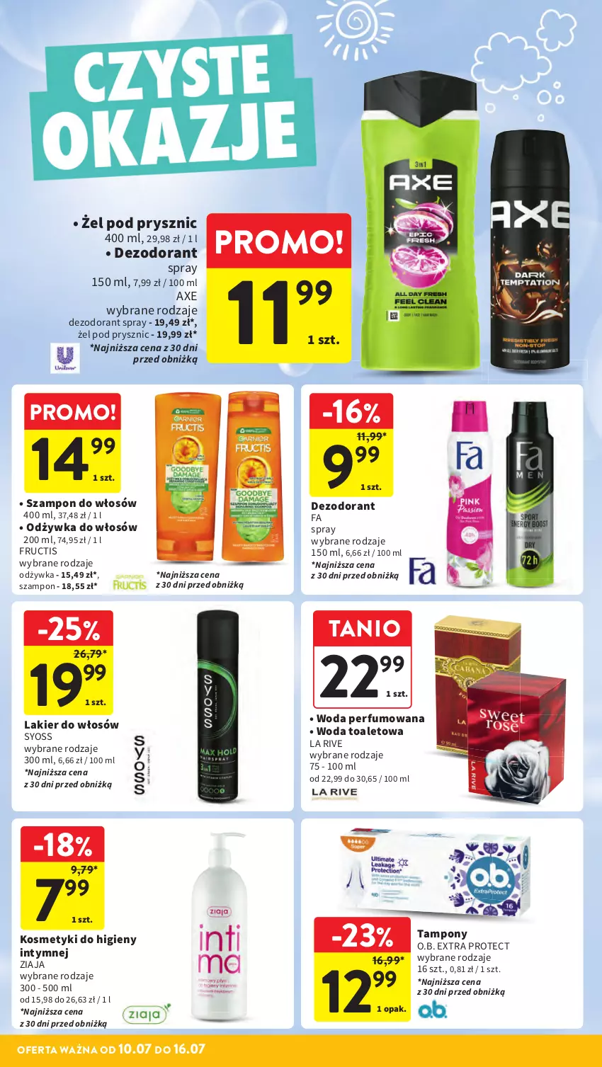 Gazetka promocyjna Intermarche - Gazetka Intermarche - ważna 10.07 do 16.07.2025 - strona 37 - produkty: Dezodorant, Fa, Fructis, La Rive, Lakier, Lakier do włosów, O.B., Odżywka, Perfum, Syoss, Szampon, Tampony, Woda, Woda perfumowana, Woda toaletowa, Ziaja