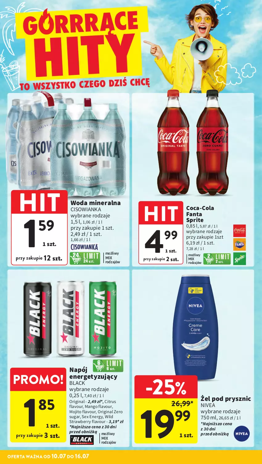 Gazetka promocyjna Intermarche - Gazetka Intermarche - ważna 10.07 do 16.07.2025 - strona 6 - produkty: Cisowianka, Coca-Cola, Fa, Fanta, Gin, Lack, Mango, Napój, Nivea, Sprite, Woda, Woda mineralna