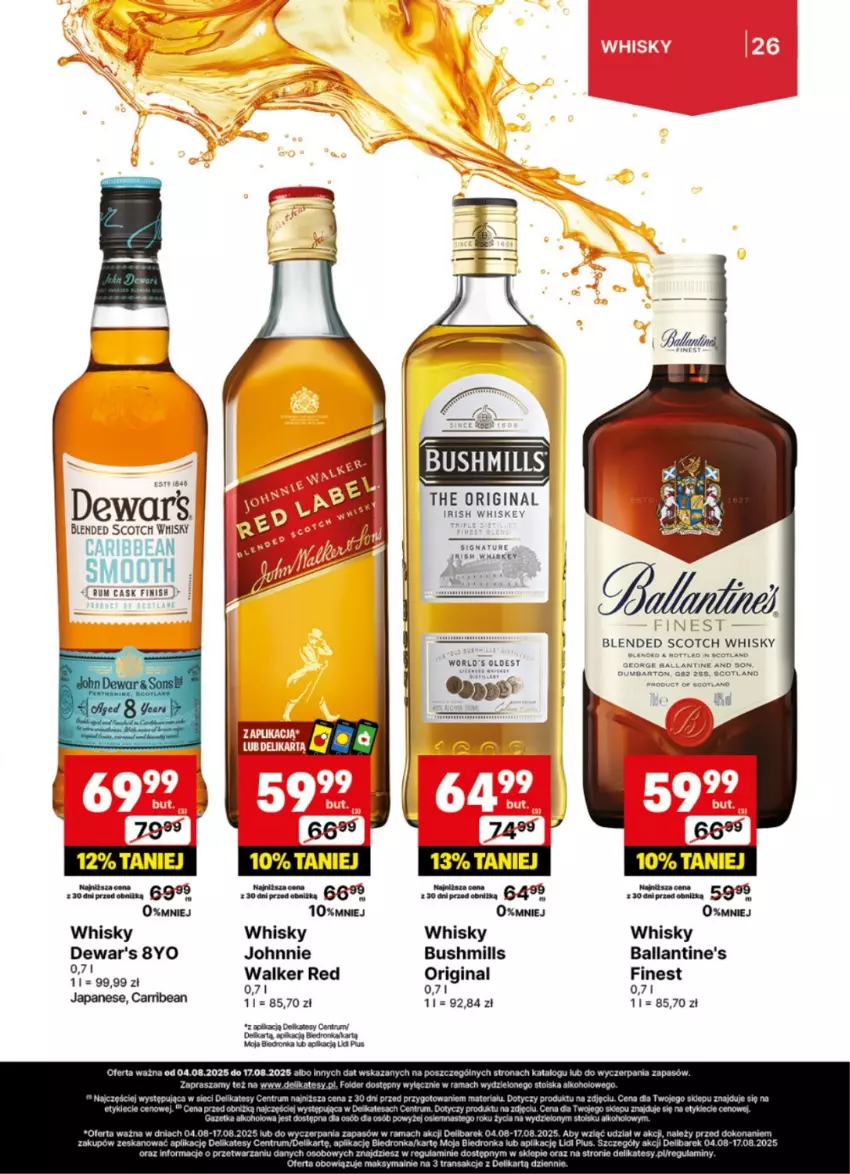 Gazetka promocyjna Delikatesy Centrum - Delibarek DC32-DC33 - ważna 04.08 do 17.08.2025 - strona 26 - produkty: Ballantine's, Bushmills, Dell, Finish, Gin, Rama, Rum, Tran, Whiskey, Whisky