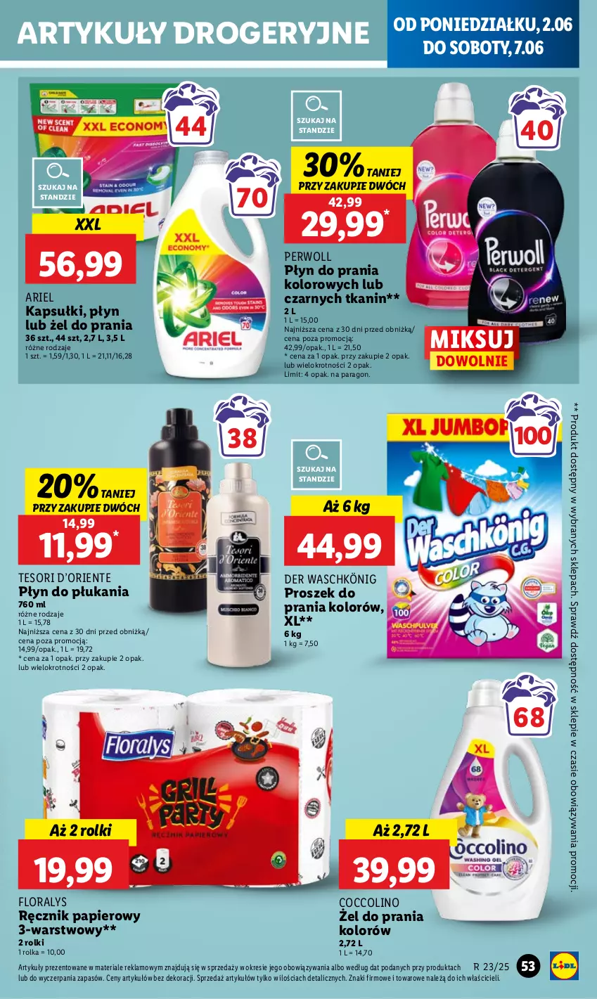 Gazetka promocyjna Lidl - GAZETKA - ważna 02.06 do 04.06.2025 - strona 59 - produkty: Ariel, Coccolino, Flora, König, Papier, Perwoll, Płyn do płukania, Płyn do prania, Proszek do prania, Ręcznik, Rolki