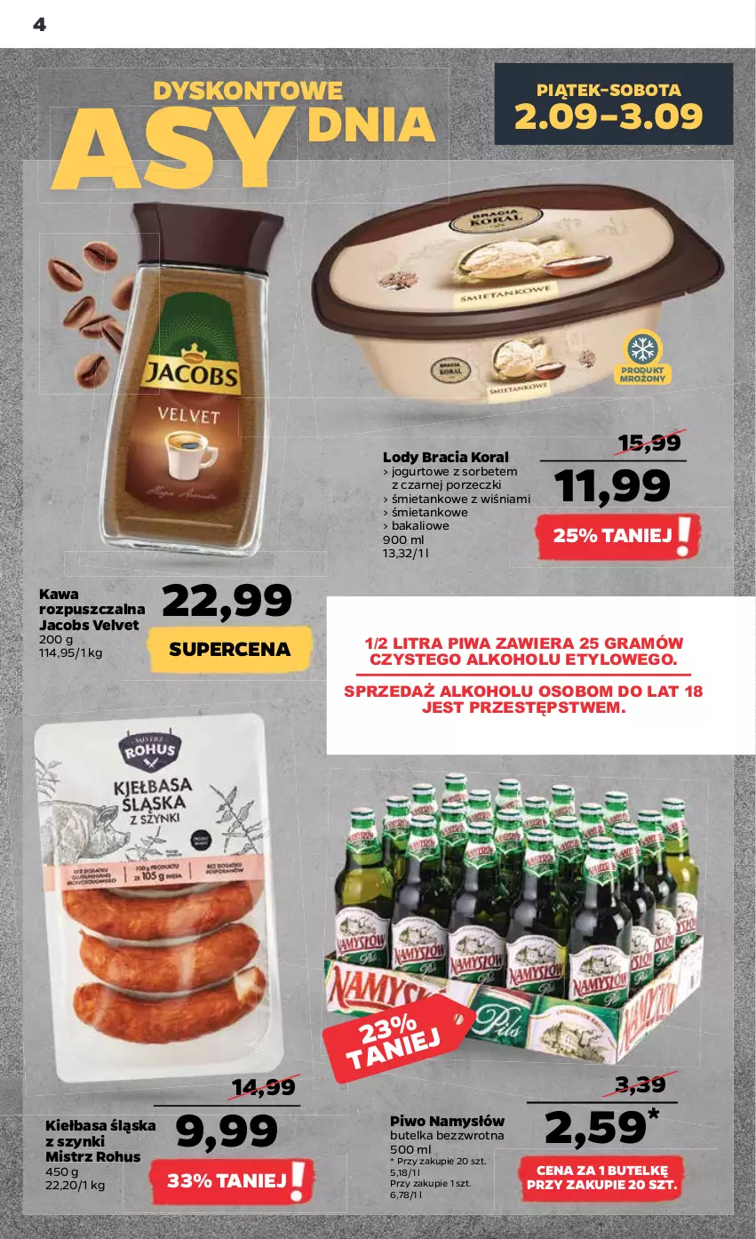 Gazetka promocyjna Netto - Artykuły spożywcze - ważna 01.09 do 07.09.2022 - strona 4 - produkty: Gra, Jacobs, Jacobs Velvet, Jogurt, Kawa, Kawa rozpuszczalna, Kiełbasa, Kiełbasa śląska, Lody, Namysłów, Piwa, Piwo, Por, Velvet