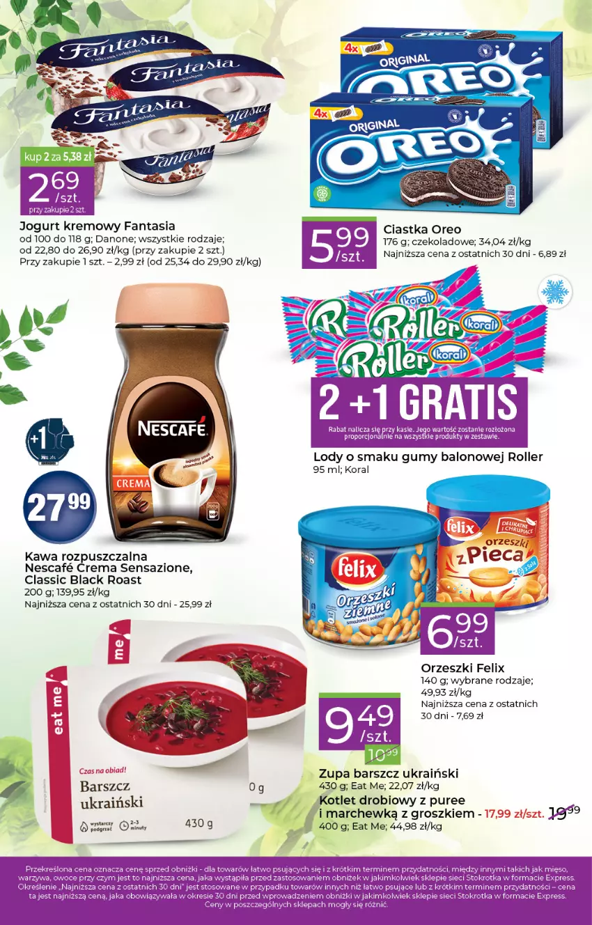 Gazetka promocyjna Stokrotka - Stokrotka Express - ważna 15.06 do 21.06.2023 - strona 2 - produkty: Ciastka, Danone, Fa, Fanta, Felix, Jogurt, Kawa, Kawa rozpuszczalna, Kotlet, Lack, Lody, Mięso, Oreo, Orzeszki, Por, Pur, Roller, Zupa