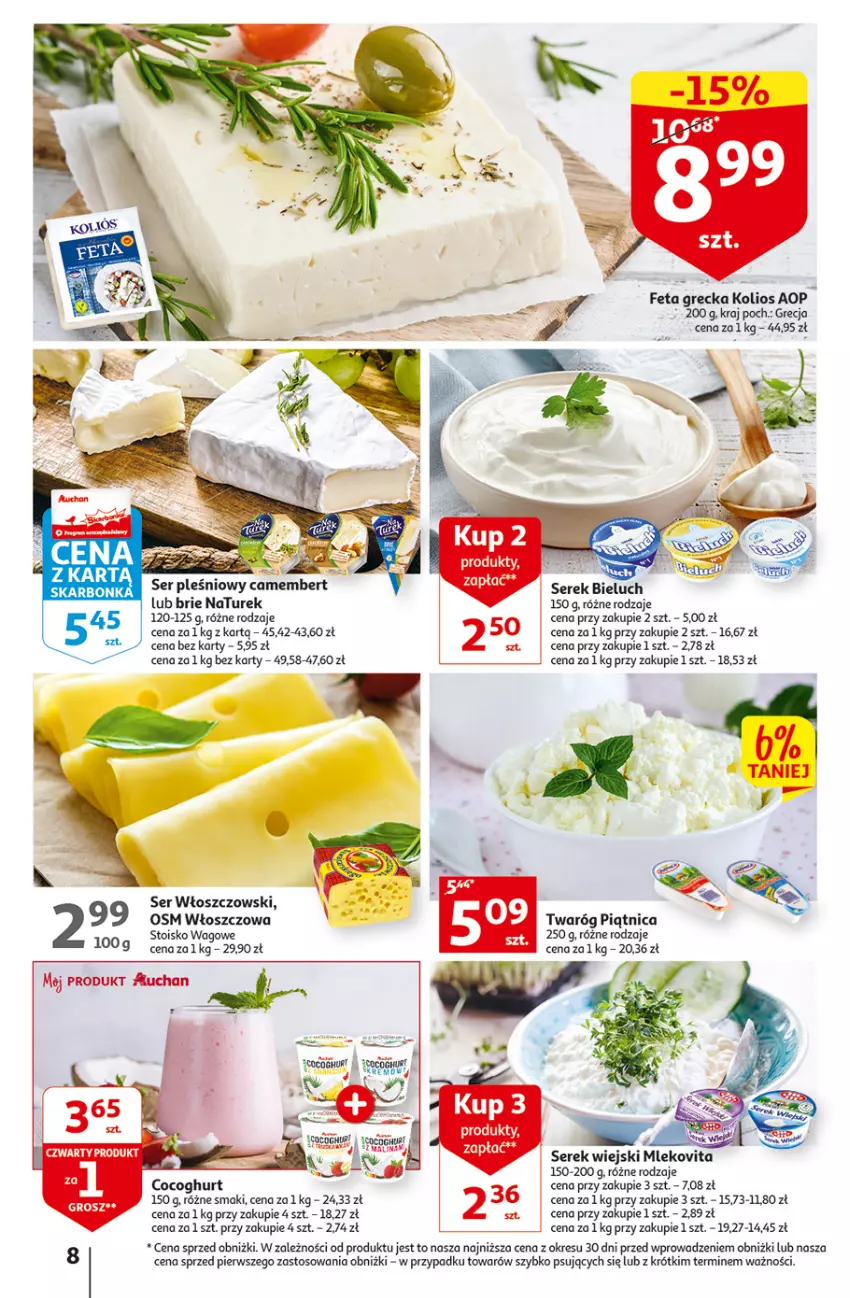 Gazetka promocyjna Auchan - Gazetka Rewelacje na Dzień Kobiet Hipermarket Auchan - ważna 02.03 do 08.03.2023 - strona 8 - produkty: Brie, Feta, Mleko, Mlekovita, NaTurek, O nas, Piątnica, Ser, Serek, Serek wiejski, Twaróg, Włoszczowski