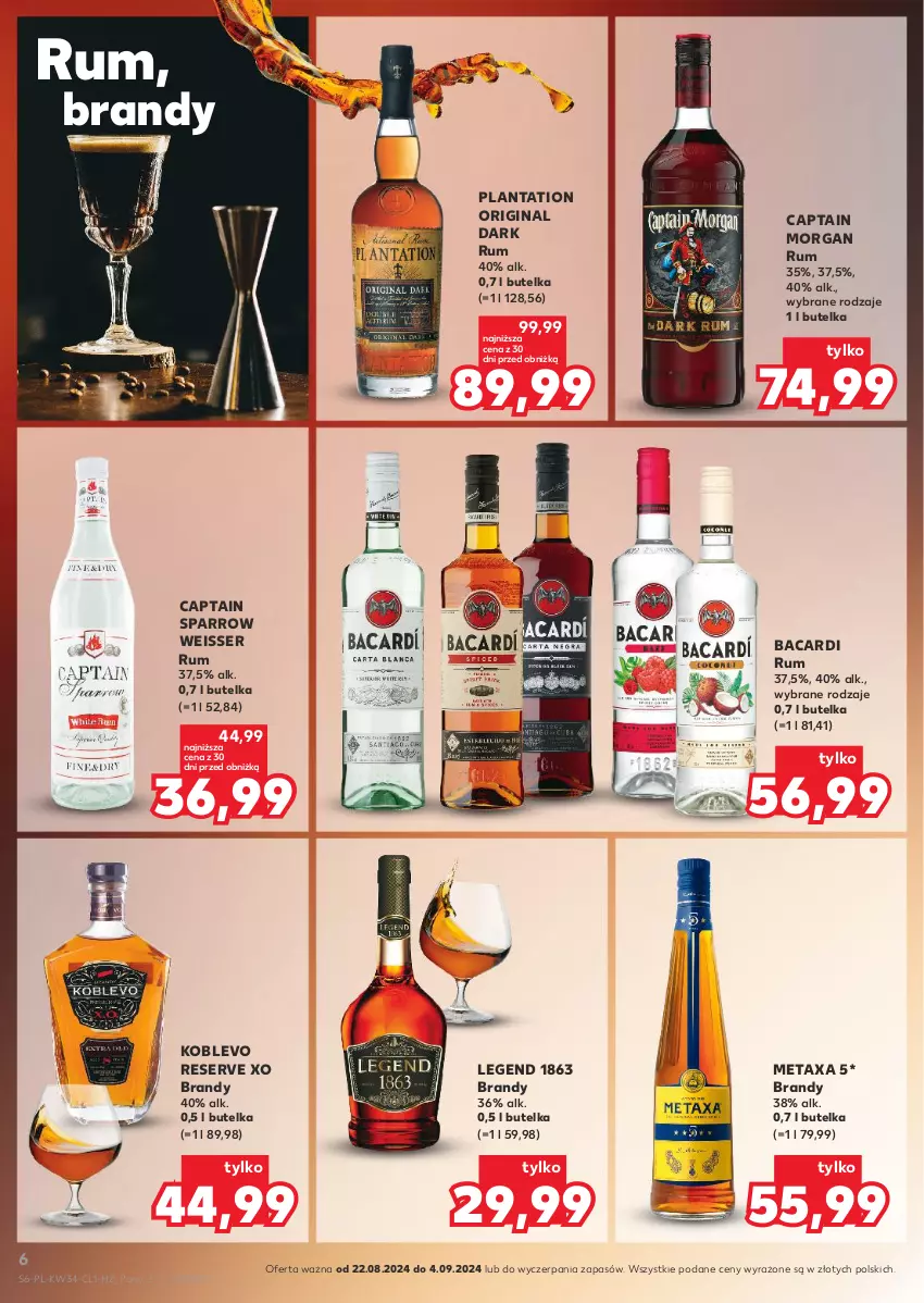 Gazetka promocyjna Kaufland - Barek Kauflandu - ważna 22.08 do 04.09.2024 - strona 6 - produkty: Bacardi, Brandy, Captain Morgan, Gin, Metaxa, Plantation, Rum, Ser