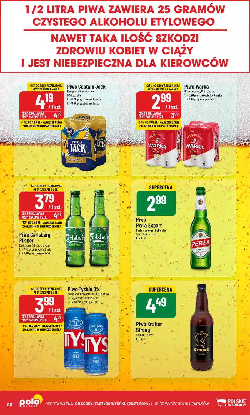 Gazetka promocyjna PoloMarket - Gazetka pomocyjna - ważna 17.07 do 23.07.2024 - strona 58 - produkty: Carlsberg, Gin, Perła, Piwo, Por, Tyskie, Warka