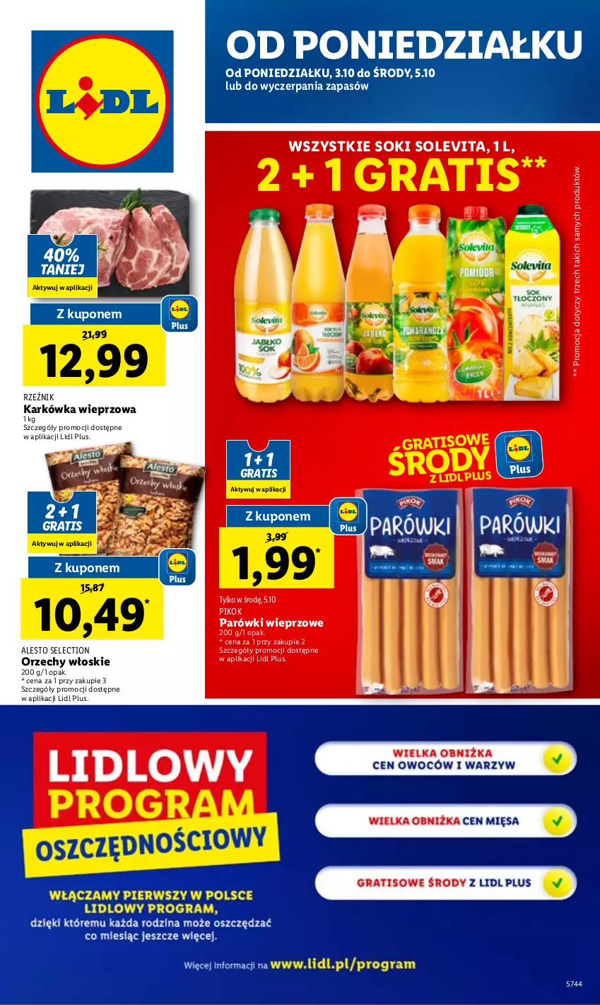 Gazetka promocyjna Lidl - GAZETKA - ważna 03.10 do 05.10.2022 - strona 1 - produkty: Gra, Karkówka wieprzowa, Orzechy włoskie, Parówki, PIKOK, Sok