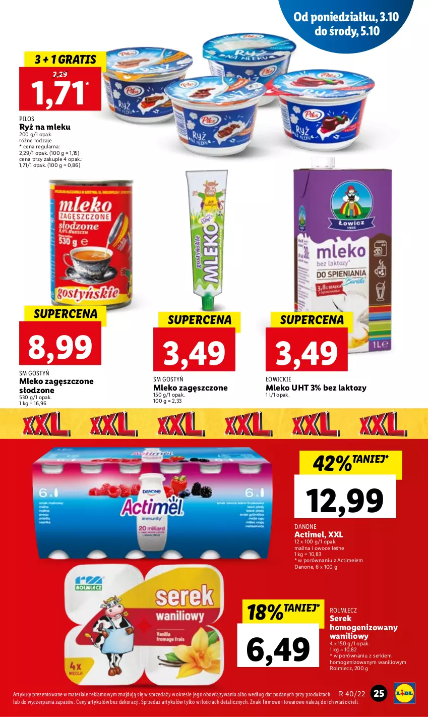 Gazetka promocyjna Lidl - GAZETKA - ważna 03.10 do 05.10.2022 - strona 29 - produkty: Actimel, Danone, Gra, Mleko, Mleko zagęszczone, Owoce, Pilos, Por, Rolmlecz, Ryż, Ryż na mleku, Ser, Serek, Serek homogenizowany