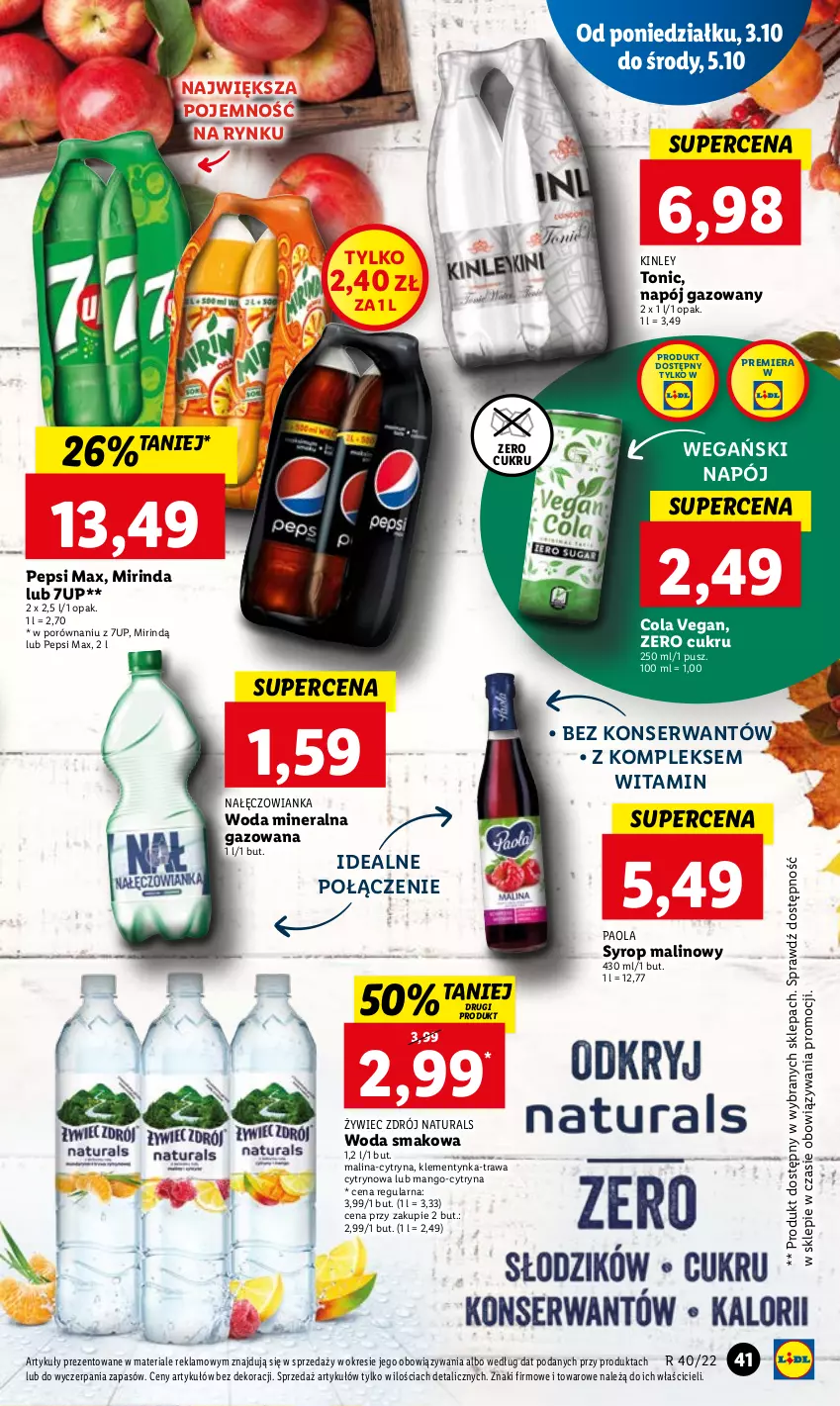 Gazetka promocyjna Lidl - GAZETKA - ważna 03.10 do 05.10.2022 - strona 45 - produkty: 7up, Mango, Mirinda, Nałęczowianka, Napój, Napój gazowany, Paola, Pepsi, Pepsi max, Por, Ser, Syrop, Woda, Woda mineralna