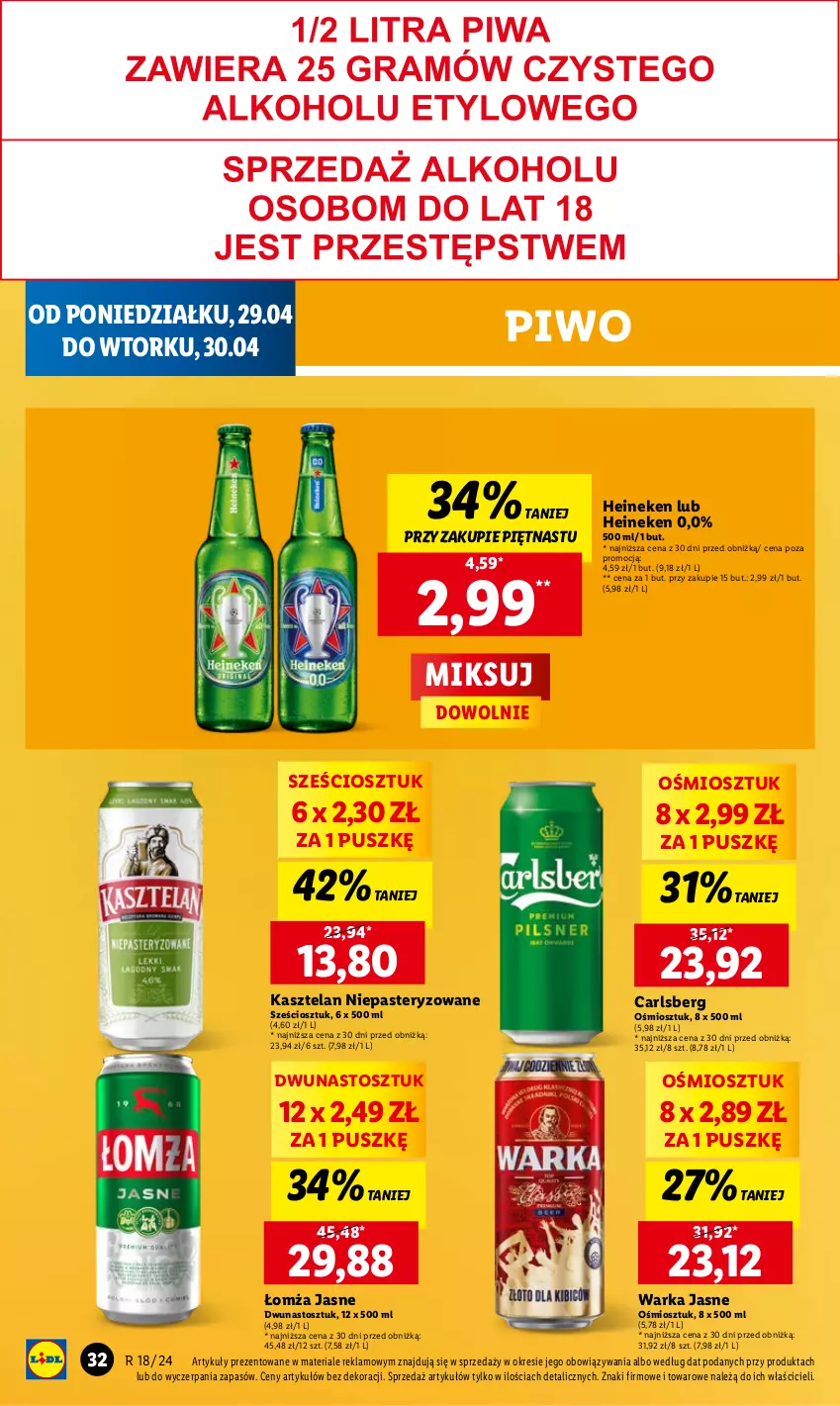 Gazetka promocyjna Lidl - GAZETKA - ważna 29.04 do 30.04.2024 - strona 36 - produkty: Carlsberg, Heineken, Kasztelan, Piwo, Warka