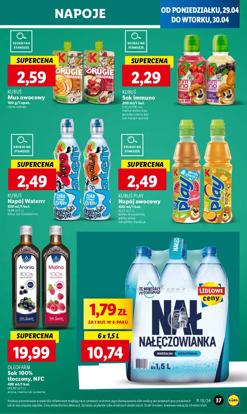 Gazetka promocyjna Lidl - GAZETKA - ważna 29.04 do 30.04.2024 - strona 41 - produkty: Acer, Arbuz, Aronia, Dzika róża, Fa, Kubuś, Mango, Mus, Nałęczowianka, Napój, Napoje, Oleo, Oleofarm, Róża, Sok, Woda, Woda mineralna