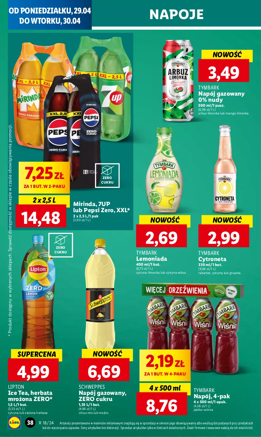 Gazetka promocyjna Lidl - GAZETKA - ważna 29.04 do 30.04.2024 - strona 42 - produkty: 7up, Arbuz, Herbata, Ice tea, Lemoniada, Limonka, Lipton, Mango, Mirinda, Napój, Napój gazowany, Napoje, Pepsi, Schweppes, Tymbark