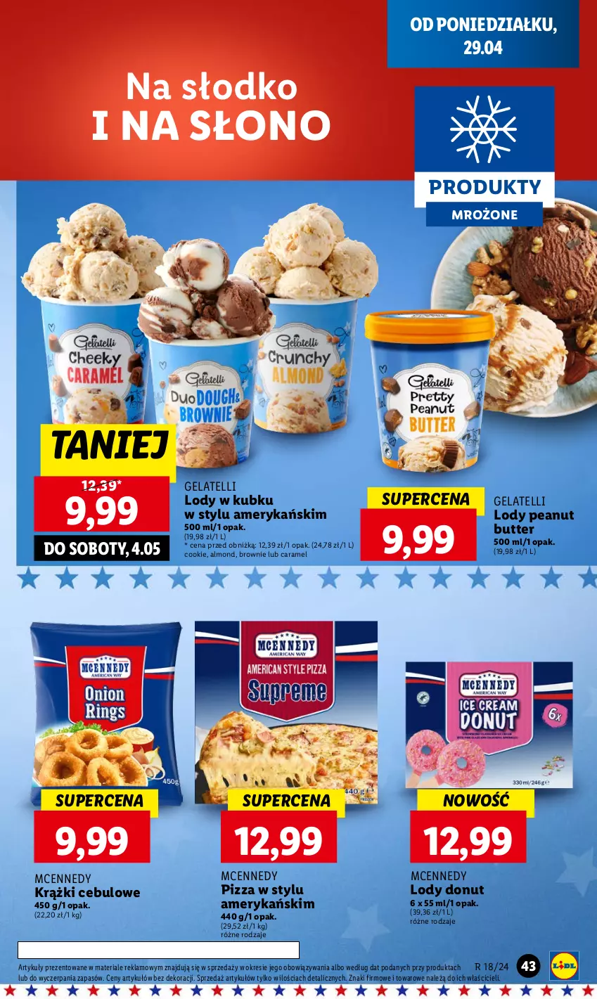 Gazetka promocyjna Lidl - GAZETKA - ważna 29.04 do 30.04.2024 - strona 47 - produkty: Brownie, Donut, Krążki cebulowe, Lody, Pizza, Produkty mrożone