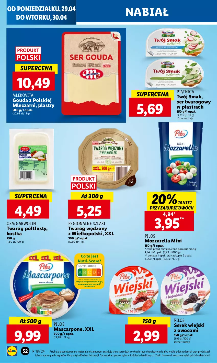 Gazetka promocyjna Lidl - GAZETKA - ważna 29.04 do 30.04.2024 - strona 56 - produkty: Gouda, Mascarpone, Mleko, Mlekovita, Mozzarella, Piątnica, Pilos, Ser, Ser twarogowy, Serek, Serek wiejski, Twaróg, Twaróg półtłusty, Twój Smak, Wazon