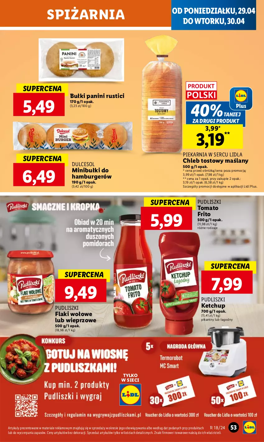 Gazetka promocyjna Lidl - GAZETKA - ważna 29.04 do 30.04.2024 - strona 57 - produkty: Burger, Chleb, Chleb tostowy, Flaki, Flaki wołowe, Hamburger, Ketchup, Pudliszki, Rust, Ser