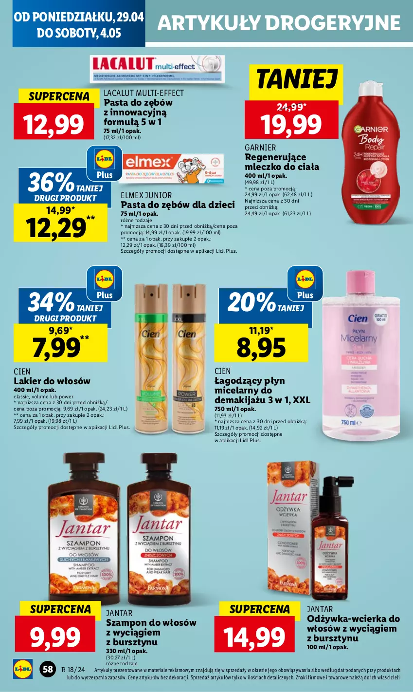 Gazetka promocyjna Lidl - GAZETKA - ważna 29.04 do 30.04.2024 - strona 64 - produkty: Bursztyn, Dzieci, Elmex, Garnier, Lacalut, Lakier, Lakier do włosów, Makijaż, Mleczko, Mleczko do ciała, Odżywka, Pasta do zębów, Płyn micelarny, Szampon